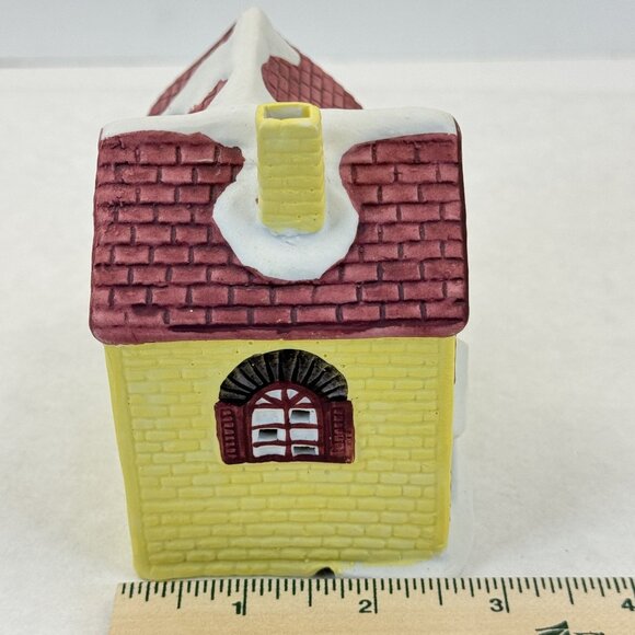 Vintage Lotus Ceramic Christmas Village Yellow House Figurine Snowy Accents 4" - Picture 9 of 9